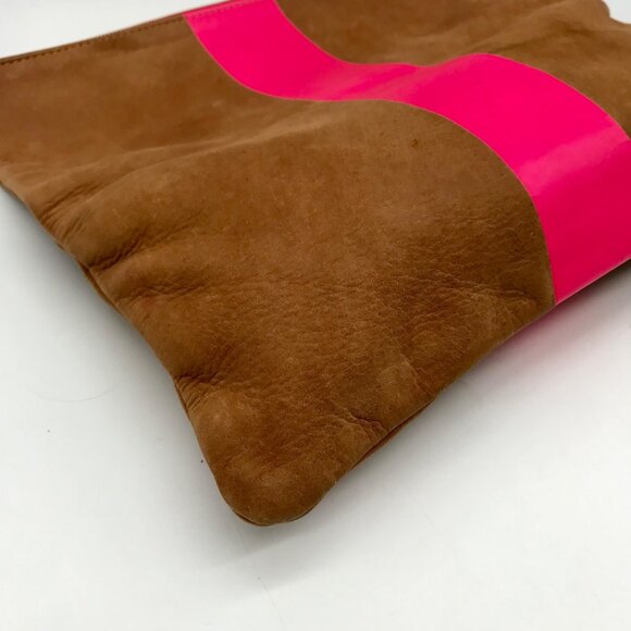 Clare V Camel Brown Leather With Pink Stripe Foldover Clutch - Picture 7 of 10